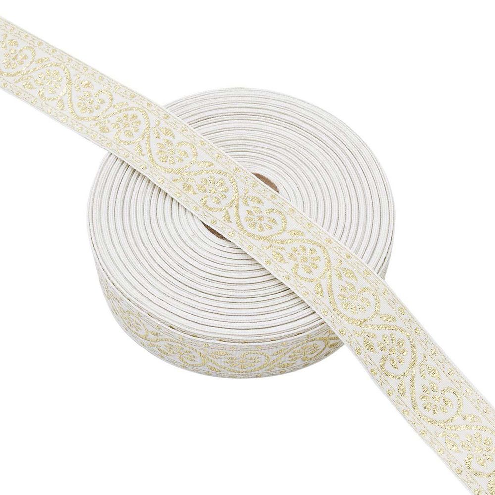 Лента (тесьма) жаккардовая 32.0 мм / 25±1 метров, с метанитом рис. 9819, белый/золото, С3104Г17