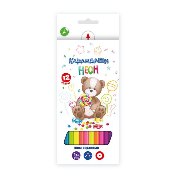 Набор неоновых карандашей NCP-9012 заточенный 8х12 цв, Мишка NCP-9012