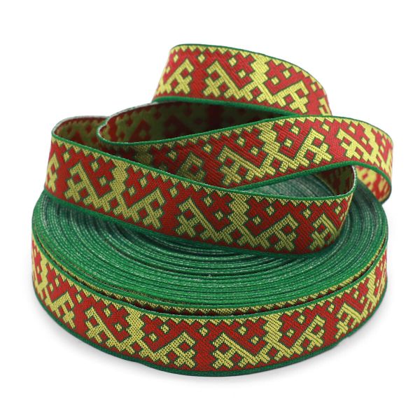 Лента (тесьма) жаккардовая 24.0 мм / 25±1 метров, Орнаменты и узоры народов севера, рис. 9685 (5 зеленый/желтый/красный) С3772Г17
