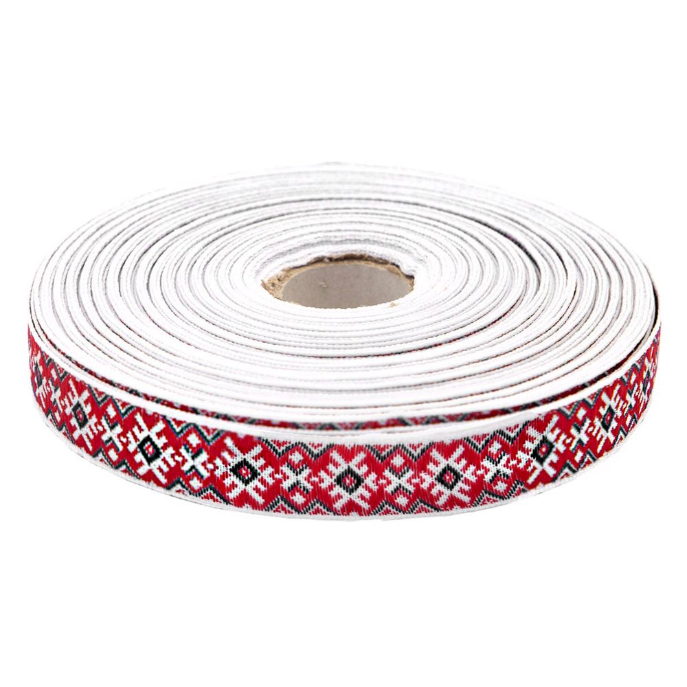Лента (тесьма) жаккардовая 18.0 мм / 25±1 метров, Славянский орнамент Оберег, рис.9651 (2 белый/красный/черный) С3771Г17
