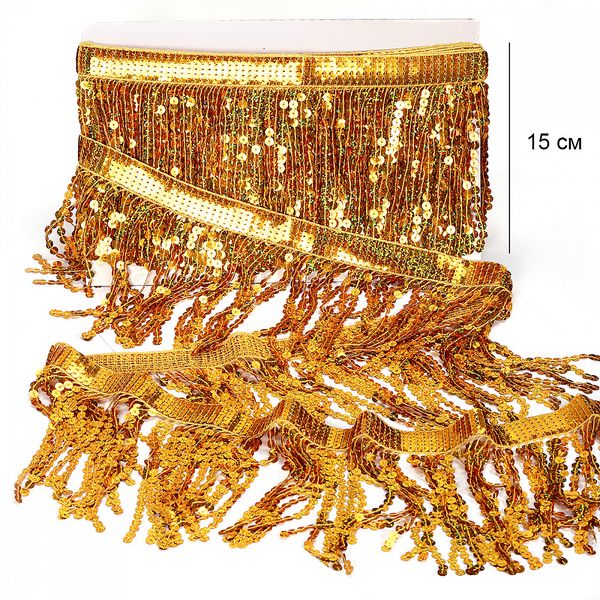 Бахрома отделочная 15.0 мм / 4.5 метра, с пайетками, TBY.11503, цв.золото