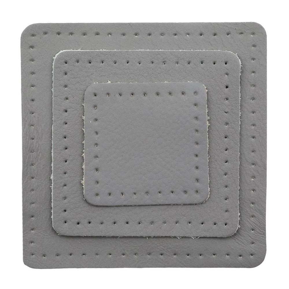 Набор заплаток пришивных из кожи, квадрат 4см, 6см и 8см, с перфорацией, 3 шт, 100% кожа (07 серый), 9402