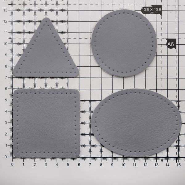 Набор заплаток пришивных из кожи, круг, квадрат, треугольник, овал 6см, с перфорацией, 4 шт (07 серый), 9723