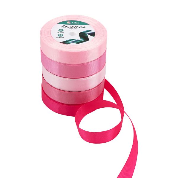 Набор атласных лент 5 цветов по 23.0 мм / 23 метра, розовый микс