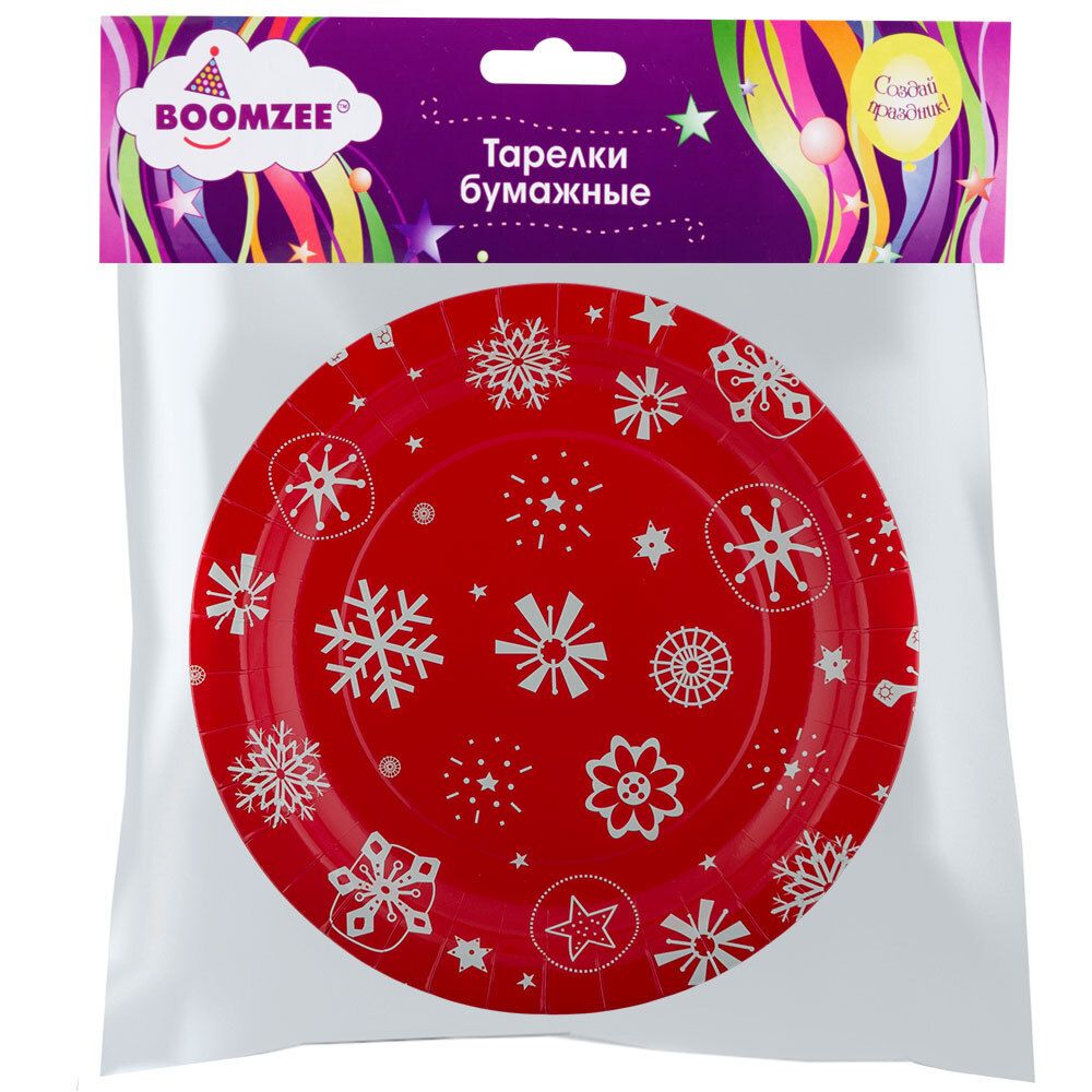 Тарелки бумажные Круглые 6х6 шт, 12- снежинки на красном фоне, Boomzee TRL-02