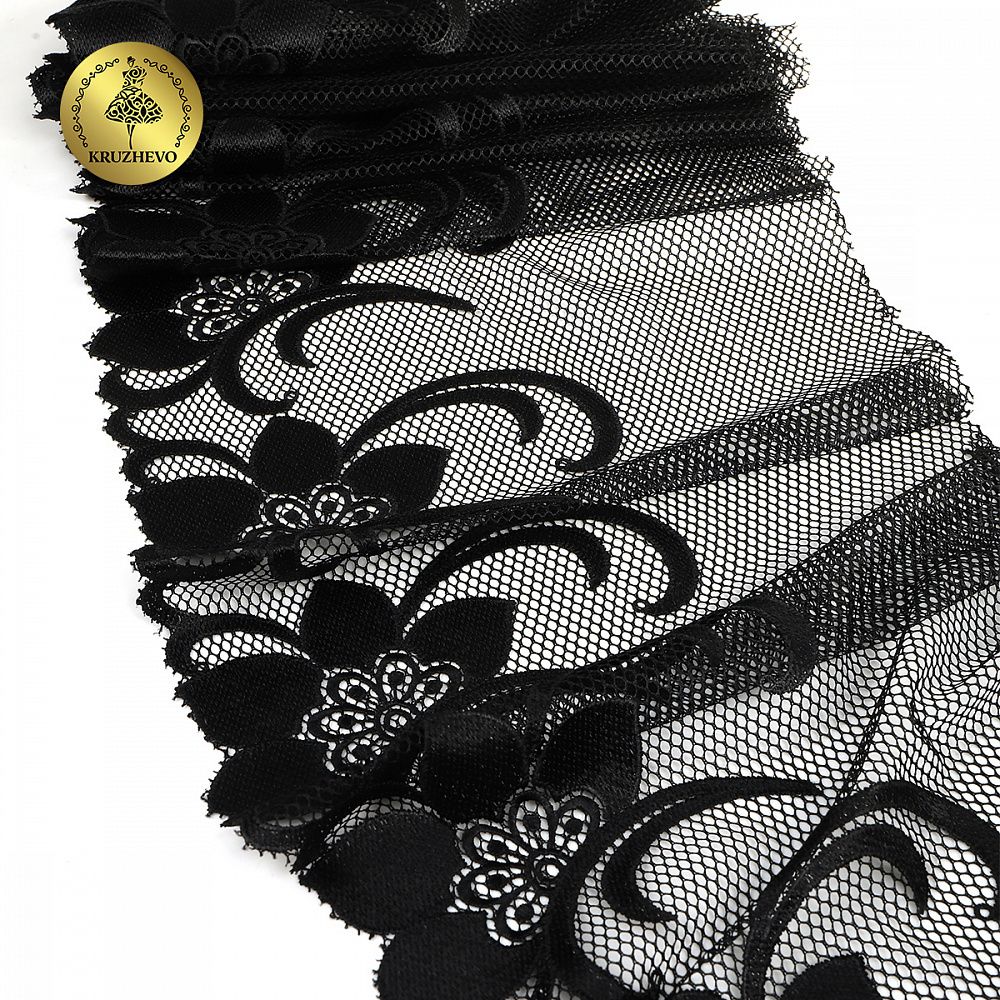 Кружево на сетке (вышитое) арт.T101 245мм цв.черный уп.6м, Kruzhevo
