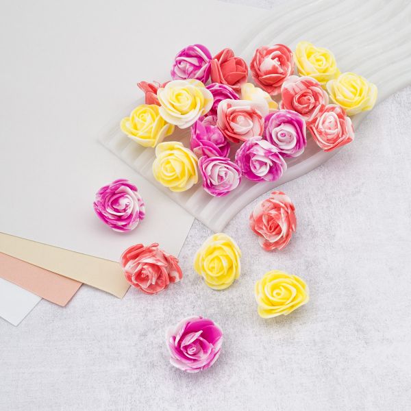 Цветочек-розочка мраморная из фоамирана 38 мм, микс №10, 3 цвета, 24 шт