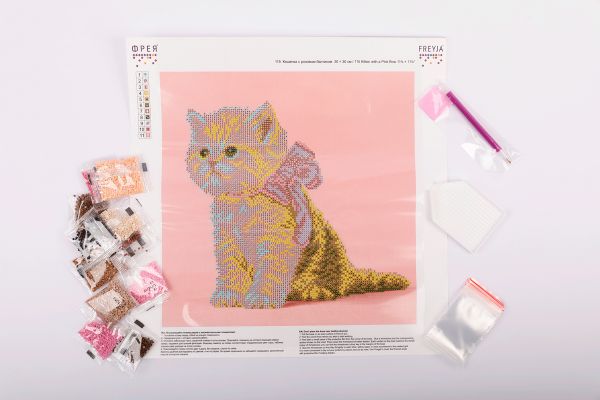 Алмазная (кристальная) мозаика Фрея, Кошечка с розовым бантиком, 30х30 см