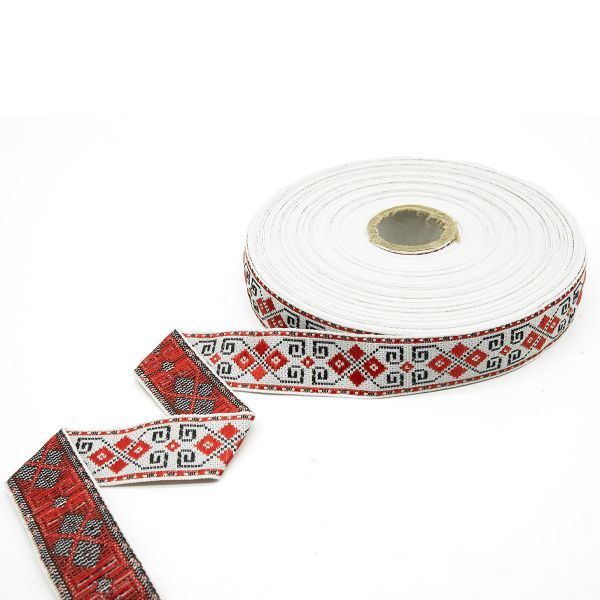 Лента (тесьма) жаккардовая 24.0 мм / 25±1 метров, Славянский орнамент Оберег, рис.9456 белый/красный, С3772Г17