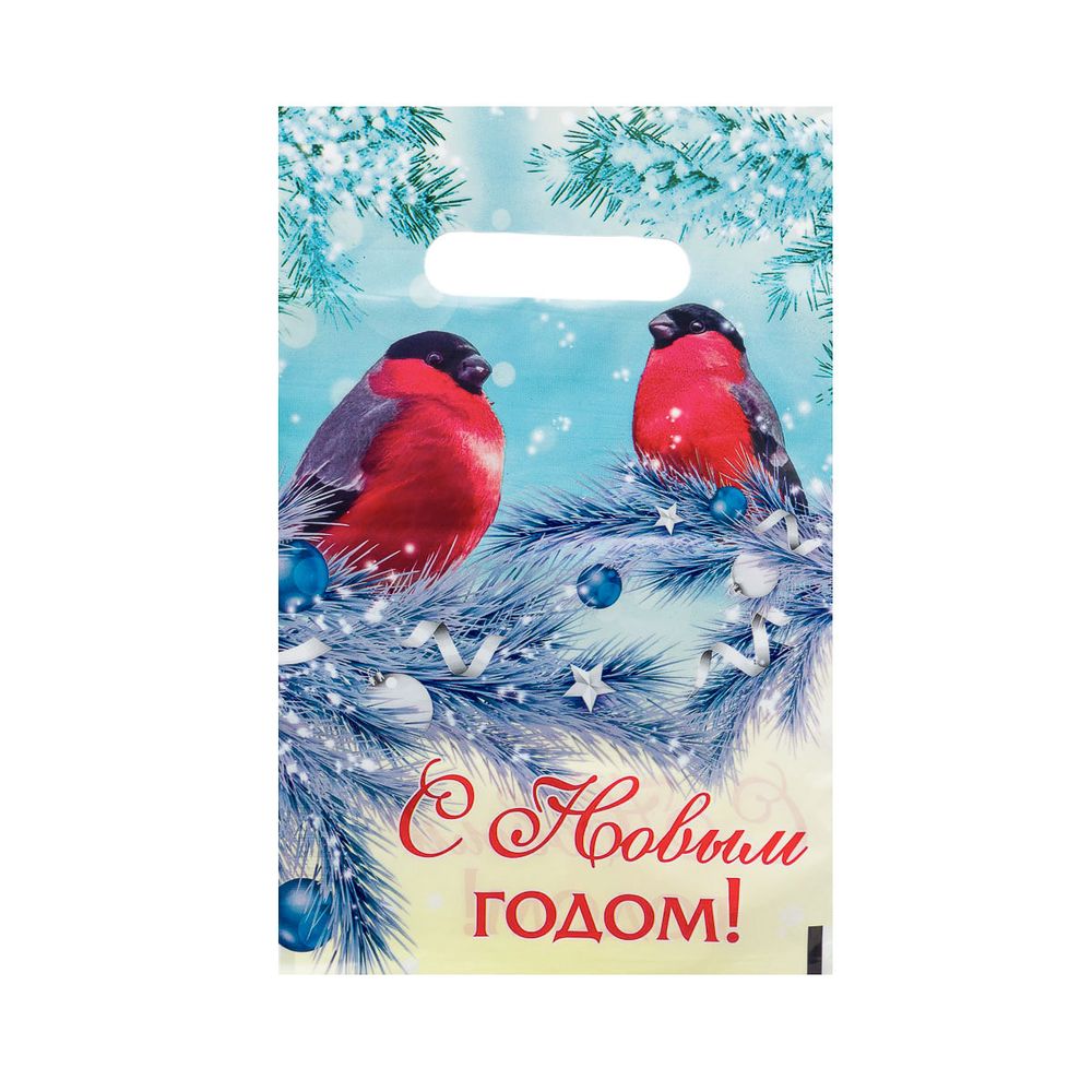Пакет "Снегири на ветке", полиэтиленовый с вырубной ручкой, 20х30см, 30мкм, 9803233, 50 шт
