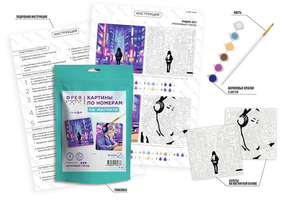 Картина по номерам Фрея PNBM-011, Неоновый город, (на магните) 9х9 см
