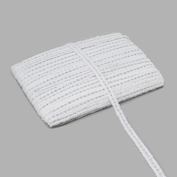 Тесьма отделочная твидовая 14 мм / 82.29 метра, с люрексом, белый/серебро, 3Al285