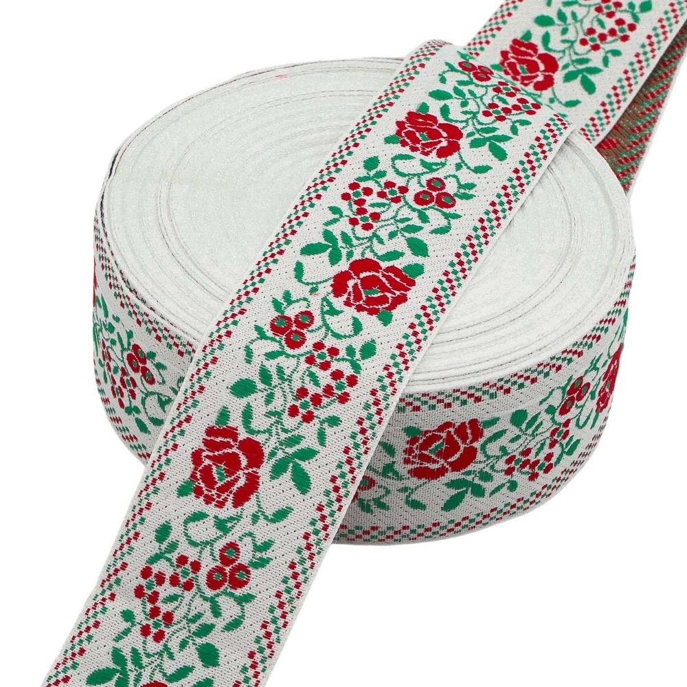 Лента (тесьма) жаккардовая 50.0 мм / 25±1 метров, рис.9600 Розы, (1 белый/красный/зеленый) С3379Г17