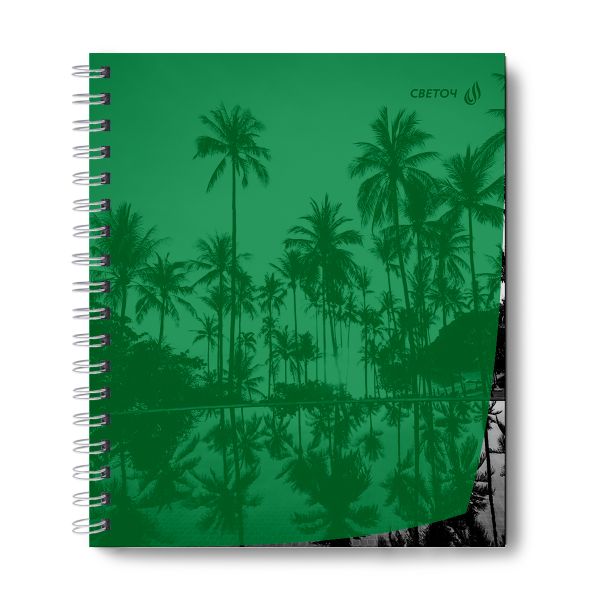 Тетрадь общая с пластик. обложкой, ч/б запечат. титульн.лист, 180 мкм, A5 48 л. на гребне 65 г/м², белизна 100% 4 шт клетка, 01548 Утренний пейзаж, зелёная, Светоч Т208