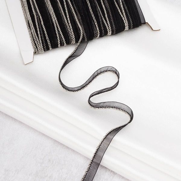 Кант декоративный на сетке с металлическими бусинами 10 мм / 41.14 метров, черный/серебро, 3Al289