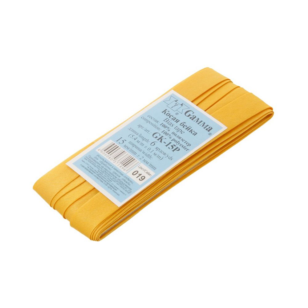 Косая бейка атласная 15 мм / 5 шт по 5.4 метра, №019 т.желтый, Gamma GK-15P
