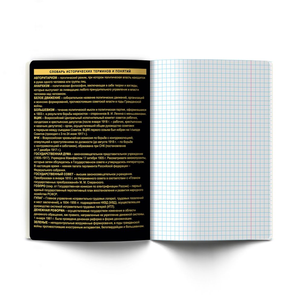 Тетрадь со справочным материалом Золотая коллекция, тиснение золотой фольгой, A5+ 48 л. на скобе 65 г/м², белизна 100 %, 10 шт, клетка, 01327 Золотая коллекция История, Светоч Т145