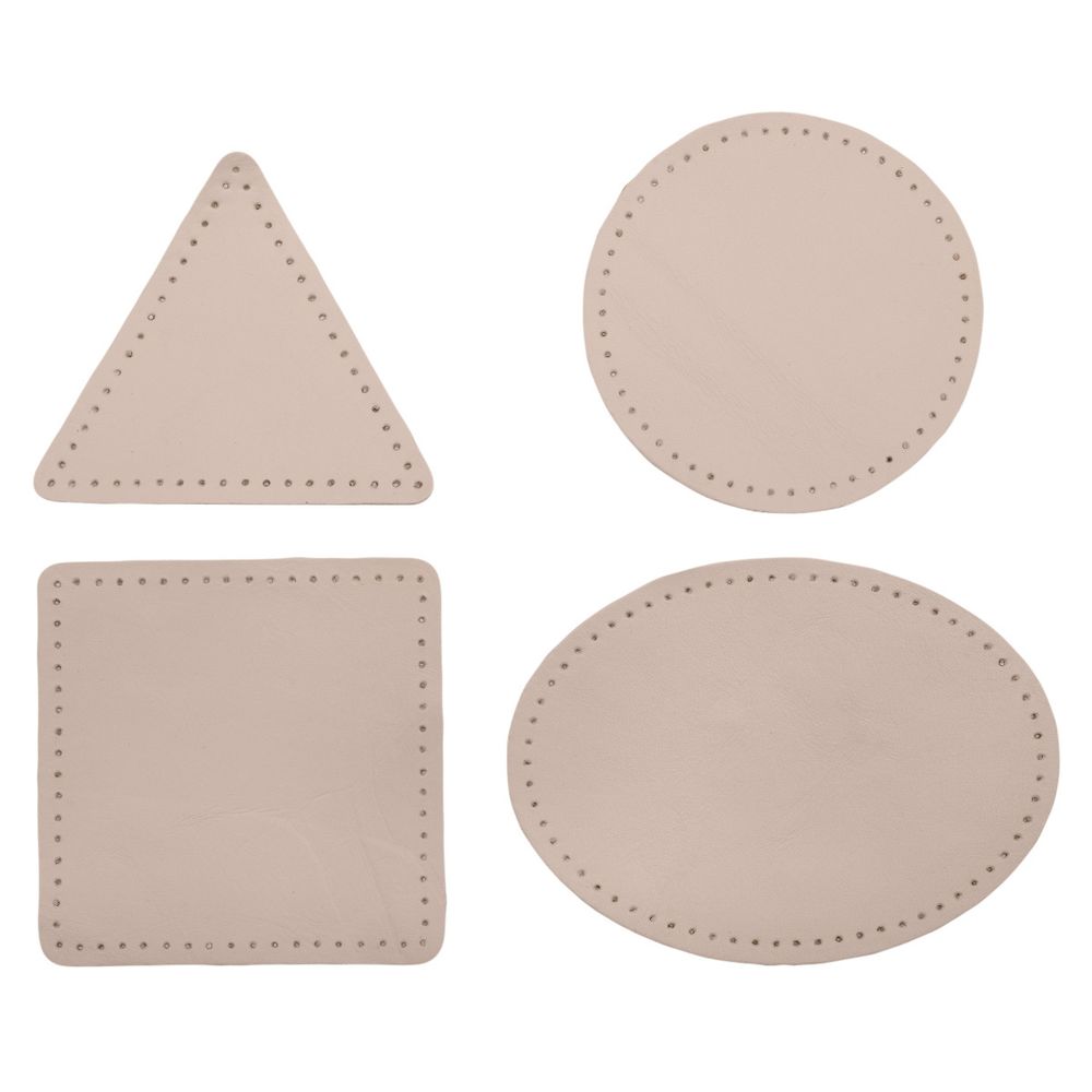 Набор заплаток пришивных из кожи, круг, квадрат, треугольник, овал 8см, с перфорацией, 4 шт (06 бежевый), 9743