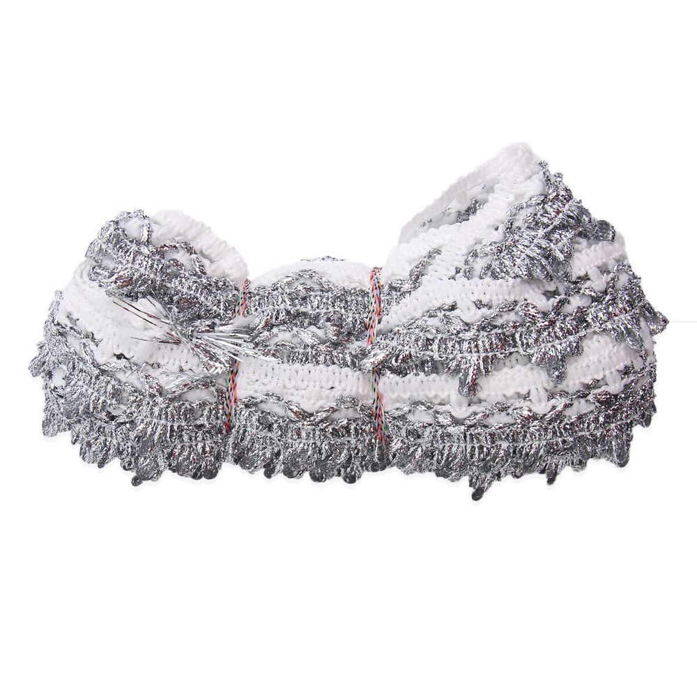 Тесьма отделочная вязаная 32мм / 10м (белый/серебро), С1438Г7