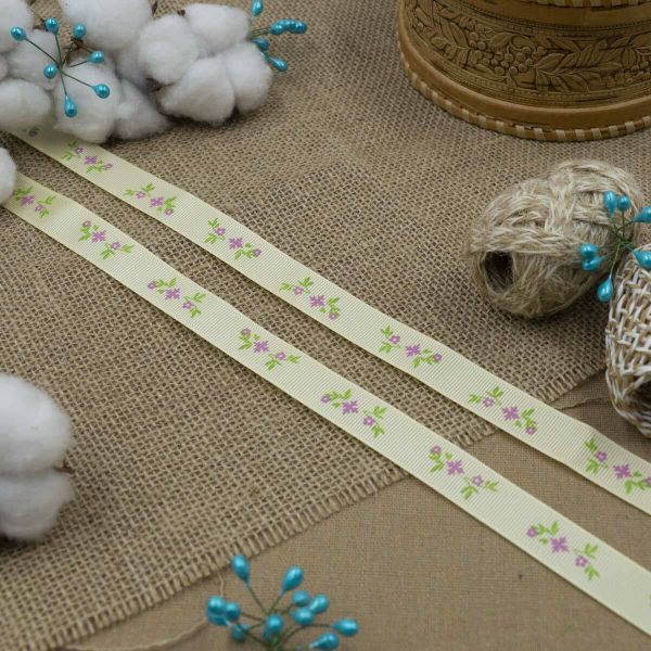 Лента репсовая (в рубчик) Веточки, 15 мм, 3м, бежевый