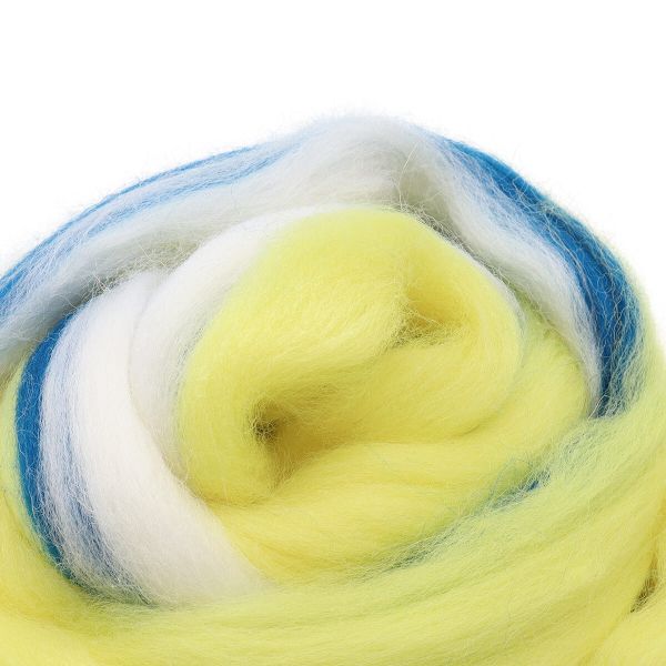 Шерсть для валяния полутонкая 100%, мультиколор, 100г, 1517 мультиколор, жёлтый/белый/т.синий