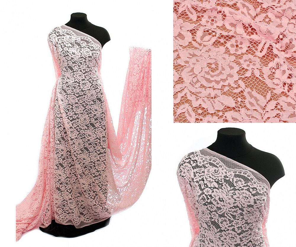 Ткань кружевная (гипюр) в нарезке с кордом 130 г/м², 145 см / 1 метр, TBY.LN-3002, цв.132 св.розовый