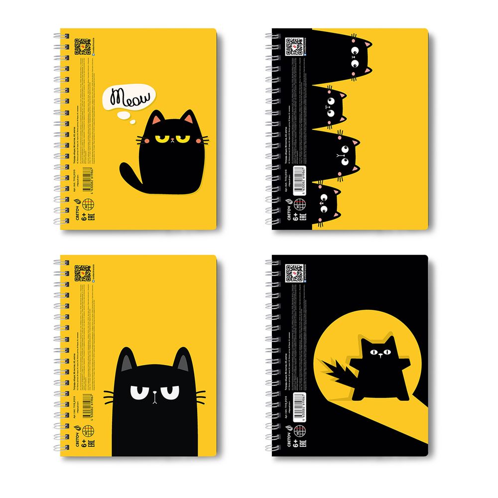 Тетрадь-перевертыш ученическая общая, A5 96 л. на гребне 65 г/м², белизна 100 %, 4 шт, клетка, 01215 Чёрный кот, Светоч Т119