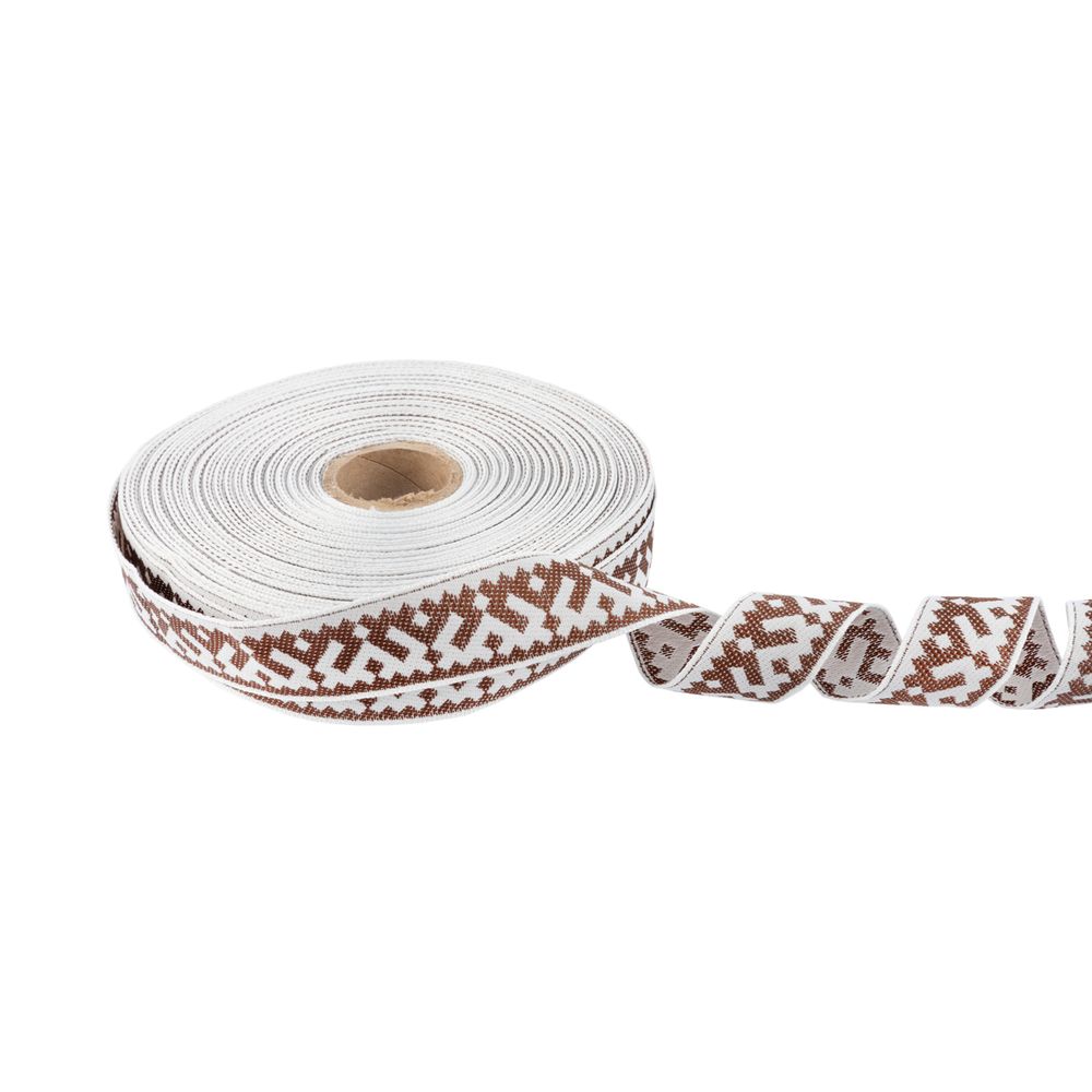 Лента (тесьма) жаккардовая 24.0 мм / 25 метров, Орнамент для северных народов, рис 9674 белый/коричневый, Gamma С3772