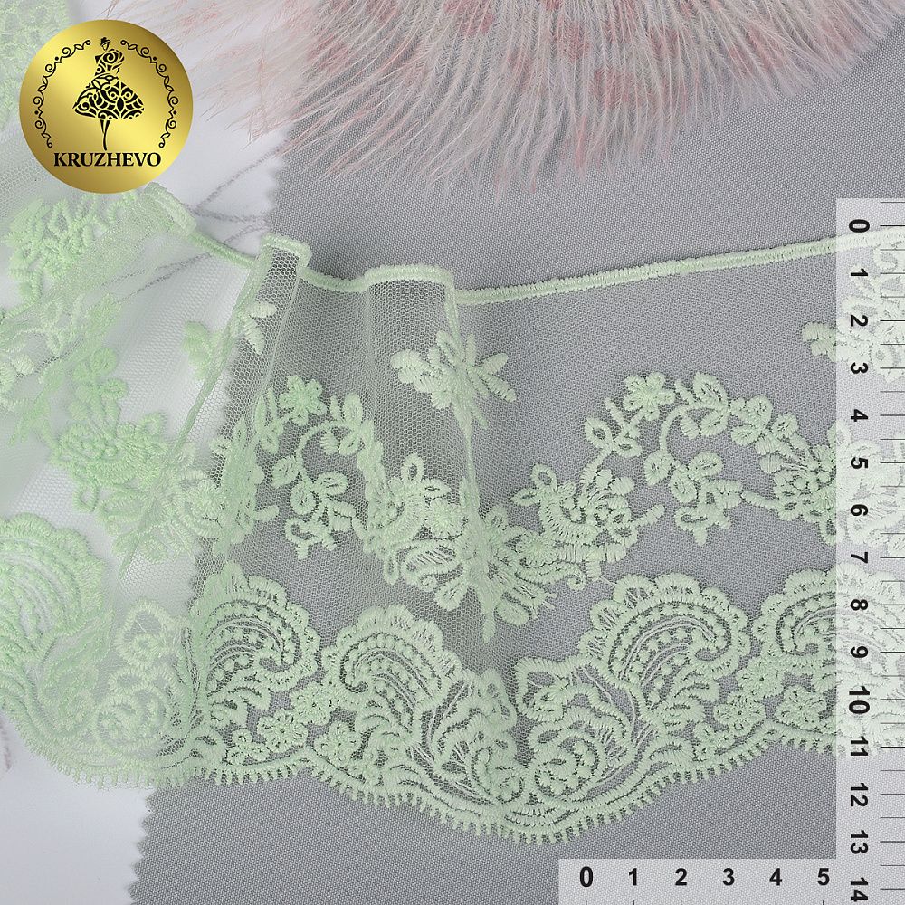 Кружево на сетке с матовой нитью жесткое, 130 мм, диз. 170, цв.5415 мята, уп. 13.71 м, Kruzhevo