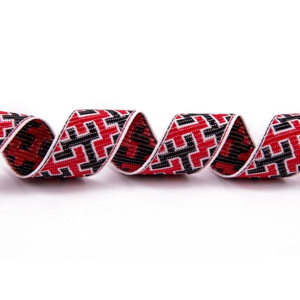 Лента (тесьма) жаккардовая 24.0 мм / 25±1 метров, рис.9615, Орнаменты и узоры народов севера, белый-красный-черный, Gamma С3772Г17 рис.9615