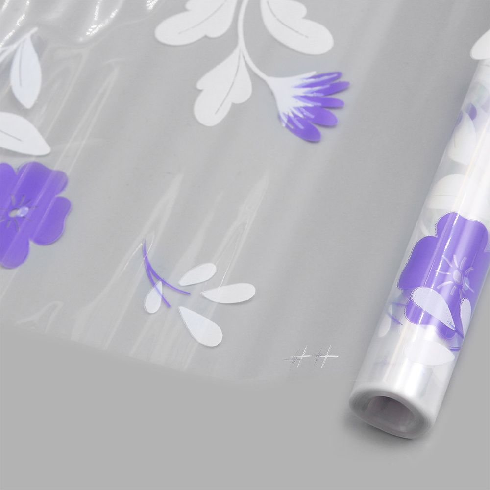 Пленка прозрачная двухцветная с рисунком Полевые цветы бело- сиреневая 70см / 9,14м ± 5%