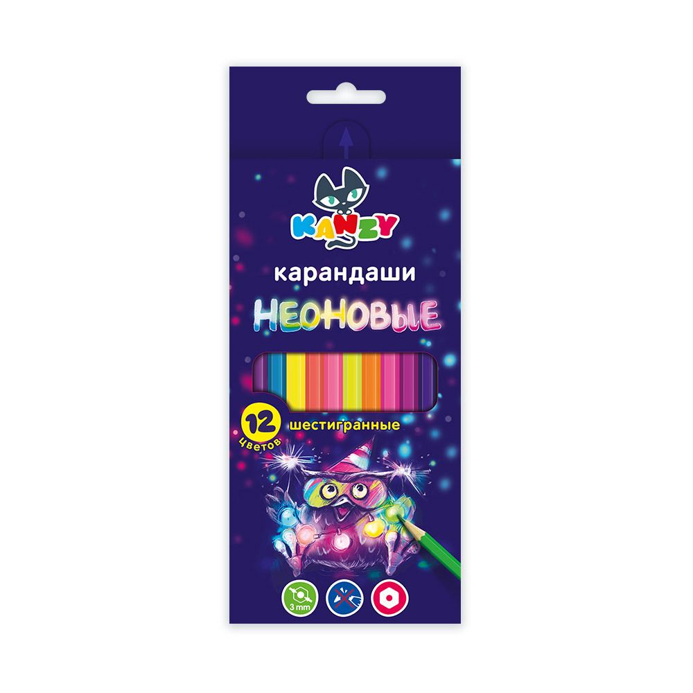 Набор неоновых карандашей Веселый совенок NCP-4012 заточенный 8х12 цв, Kanzy NCP-4012
