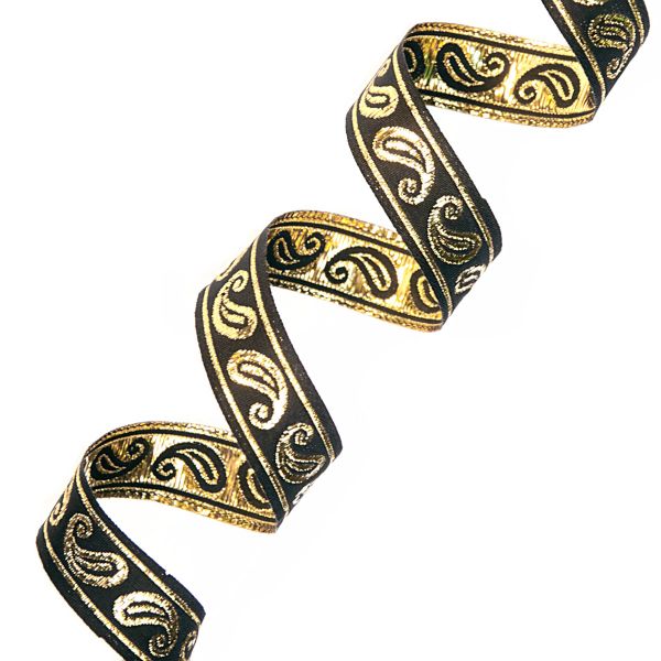 Тесьма декоративная металлизированная Пейсли 15 мм / 25 метров, 15006 черный/золото