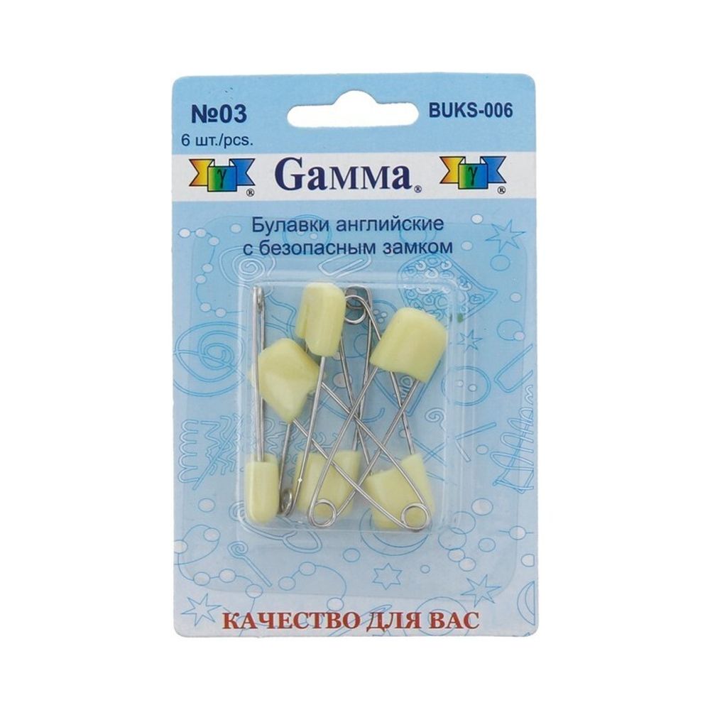 Булавки английские безопасные 40 мм, 6 шт, 03 желтый, Gamma BUKS-006