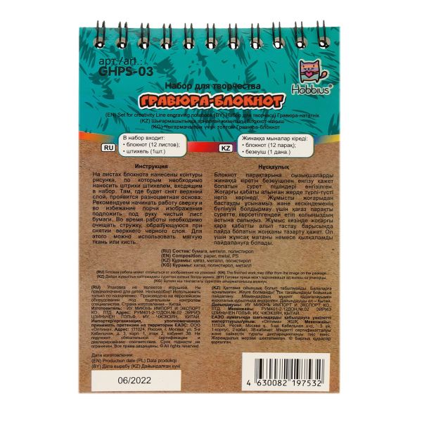 Набор для творчества Гравюра-блокнот 10х14 см, с рисунком, Hobbius GHPS-03