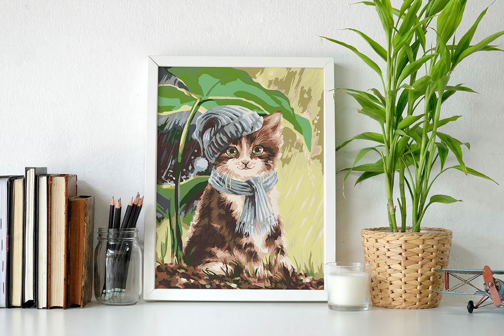 Картина по номерам Фрея, на картоне Котёнок под дождём, 40х30 см