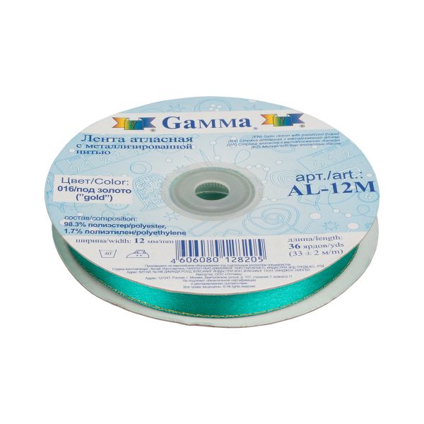 Лента атласная 2-сторонняя с метанитью 12.0 мм / 33±2 метра, 016 зеленый/золото, Gamma AL-12M