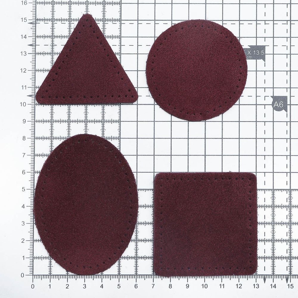Набор заплаток пришивных из замши, круг, квадрат, треугольник, овал 6см, с перфорацией, 4 шт (31 бордовый), 59723