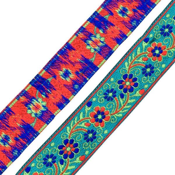 Лента (тесьма) жаккардовая 33.0 мм / 7 метров, бирюза с цветами, 11823