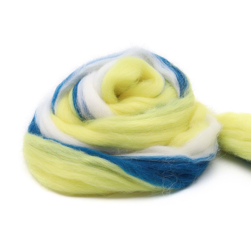 Шерсть для валяния полутонкая 100%, мультиколор, 100г, 1517 мультиколор, жёлтый/белый/т.синий