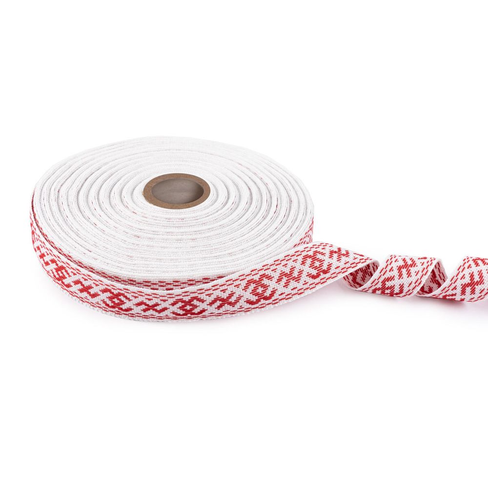 Лента (тесьма) жаккардовая 24.0 мм / 25±1 метров, Орнамент для северных народов, рис 9872 №2 бел/красный, Gamma C3885