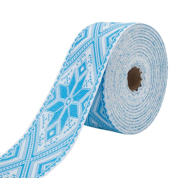 Лента (тесьма) жаккардовая 50.0 мм / 25 метров, Славянский орнамент Оберег, рис.9466, белый / голубой, С3775Г17