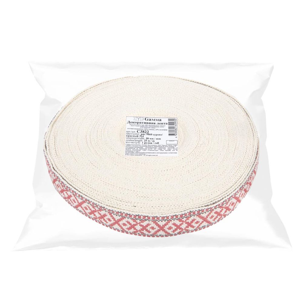 Лента (тесьма) жаккардовая 38.0 мм / 25±1 метров, для пояса, рис 9860 сурово/красный №4, Gamma С3822