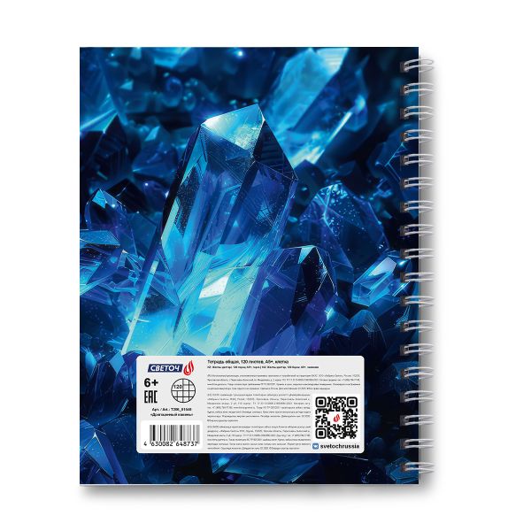 Тетрадь общая с твердой обложкой, глянцевая ламинация A5 120 л. на гребне 65 г/м², белизна 100% 4 шт клетка, 01549 Драгоценный камень, Светоч Т206
