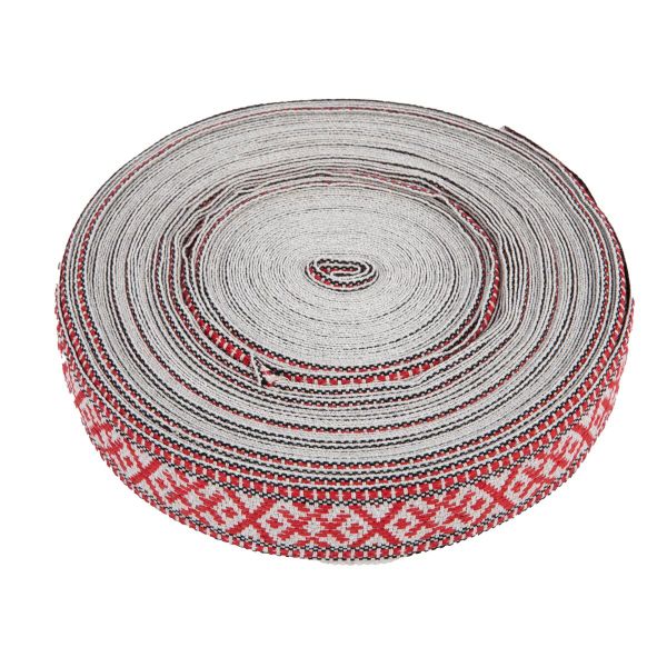 Лента (тесьма) жаккардовая 38.0 мм / 25±1 метров, для пояса, рис 9860 лен/красный №5, Gamma С3822