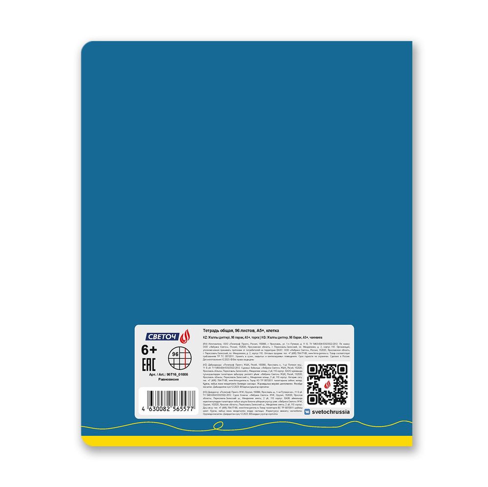 Тетрадь ученическая общая, матовая ламинация, A5+ 96 л. на скобе 65 г/м², белизна 100 %, 5 шт, клетка, 01006 Равновесие, Светоч 96Т16