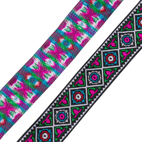 Лента (тесьма) жаккардовая 33.0 мм / 7 метров, черный с малиновыми цветами, 11830