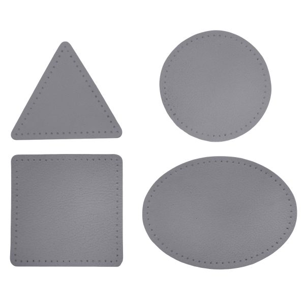 Набор заплаток пришивных из кожи, круг, квадрат, треугольник, овал 8см, с перфорацией, 4 шт (07 серый), 9743