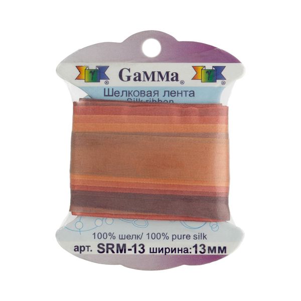 Лента (тесьма) шелковая 13.0 мм / 9.1±0.5 метров, M240 оранжевый/бордовый, Gamma SRM-13