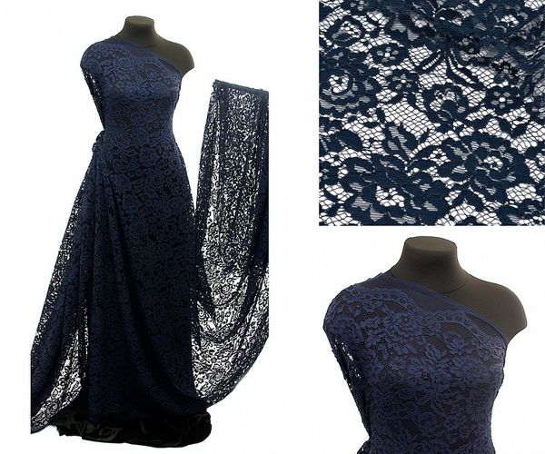 Ткань кружевная (гипюр) в нарезке с кордом 130 г/м², 145 см / 1 метр, TBY.LN-3002, цв.т.синий